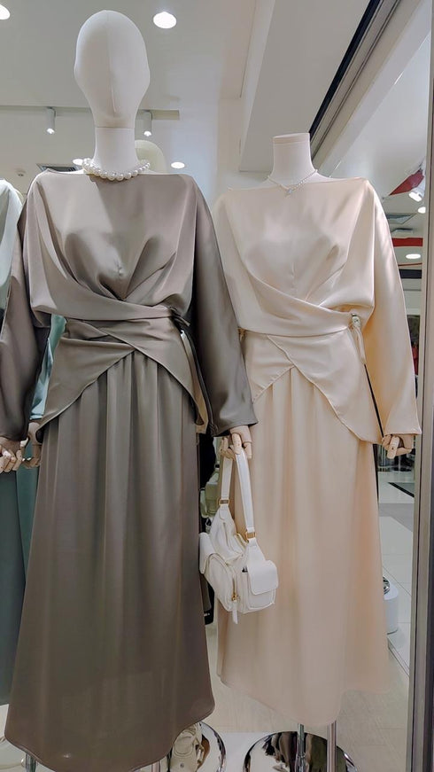 Satin Boat Neckline Wrap Tie Tops With Skirt Sets